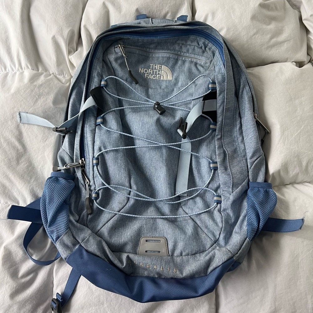 heathered light blue north face borealis bookbag